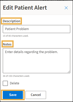 Edit Patient alert window with yellow highlight boxes around the Description, Notes, and Save button.